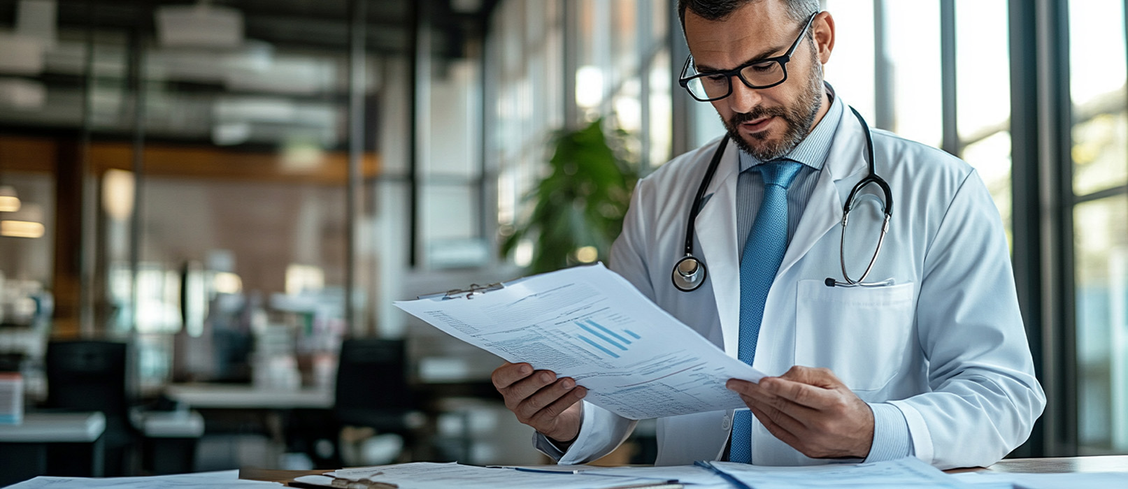 Doctor doing financial paperwork